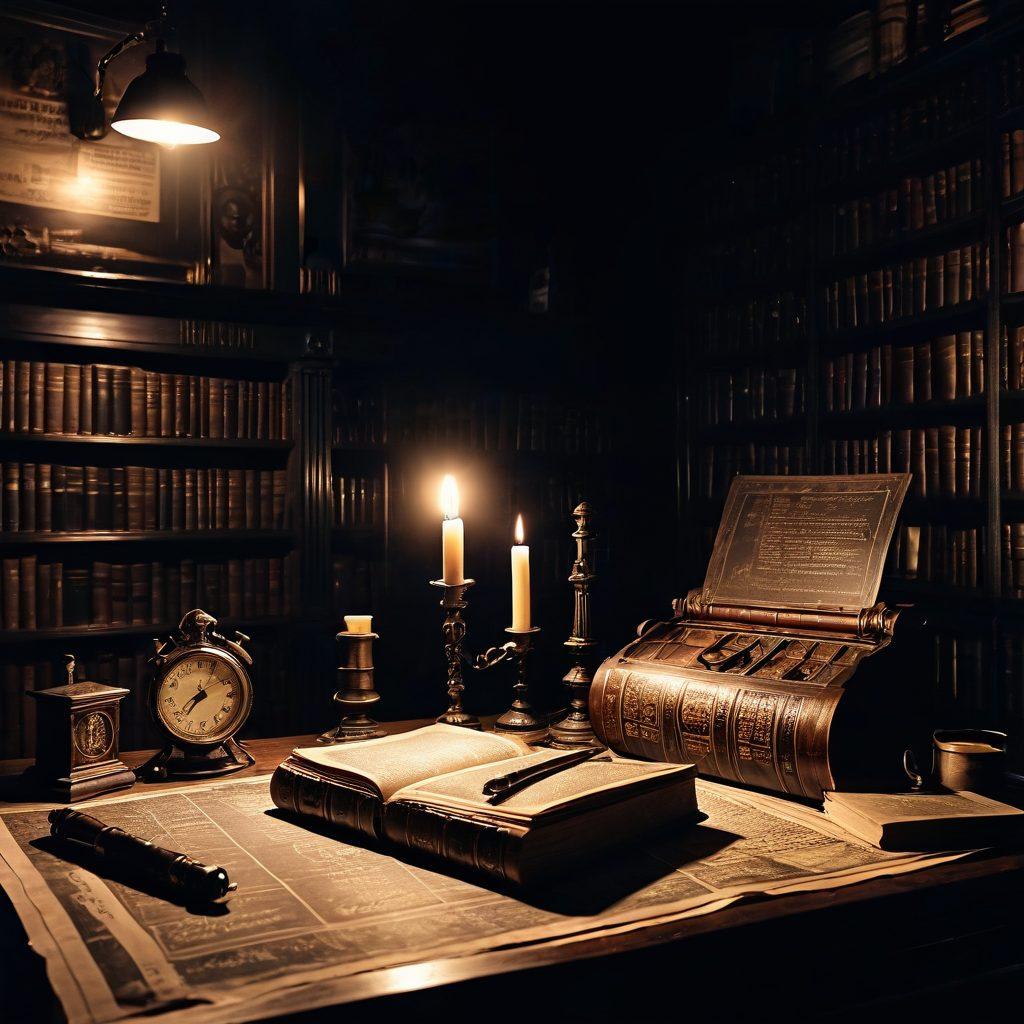 A shadowy library filled with ancient books, illuminated by a single flickering candle. In the foreground, a vintage detective's magnifying glass rests on a mysterious vehicle blueprint, hinting at whodunit tales. Eerie shadows dance on the walls, creating an atmosphere of suspense and intrigue. The overall scene should evoke a sense of mystery and exploration. dark tones. moody lighting. gothic art.
