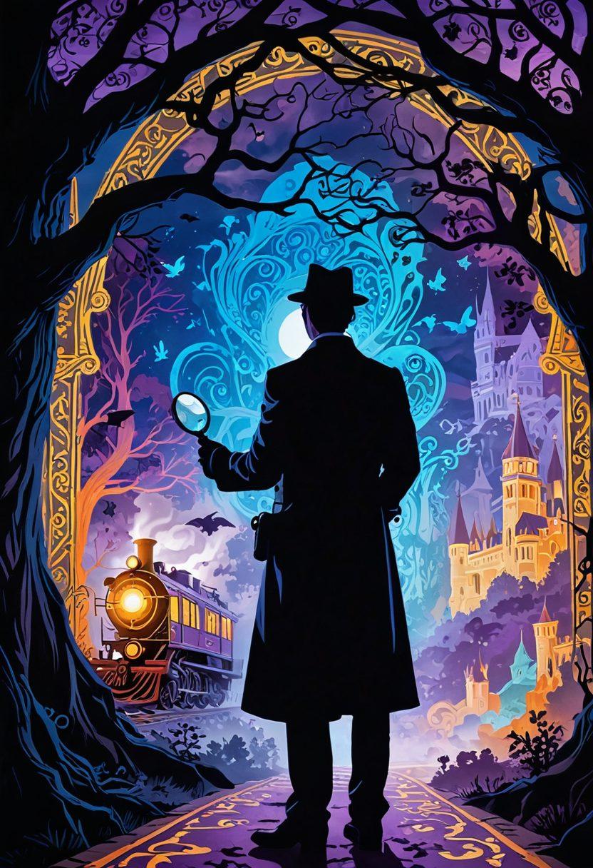 A whimsical scene of a detective holding a magnifying glass, examining a vintage magical train map filled with intriguing landmarks and clues. In the background, a mystical train glows in vibrant colors, surrounded by swirling mist and enigmatic symbols. Include elements like a shadowy figure peeking from behind a tree and a puzzle piece motif throughout the scene. fantasy art. vibrant colors. mystical atmosphere.