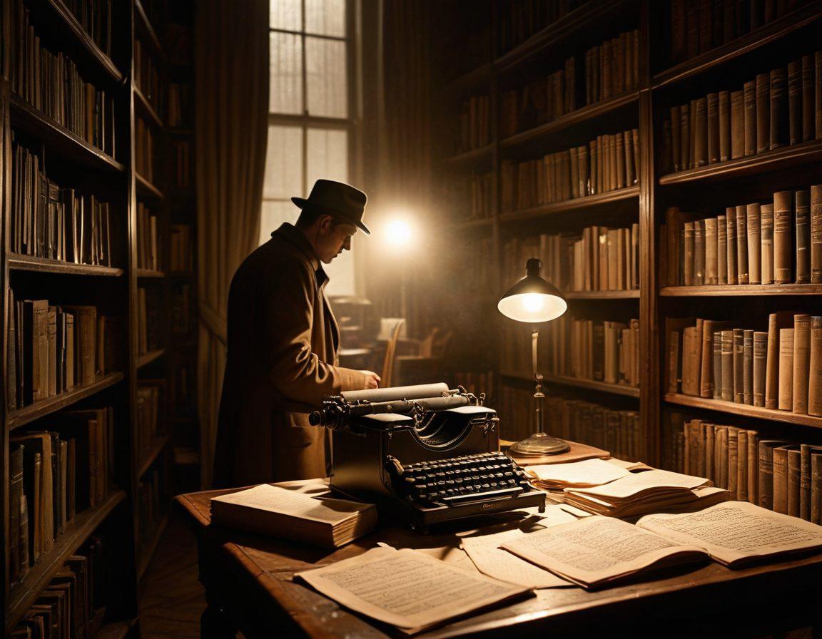 A shadowy figure stands in an old, dimly-lit library, surrounded by shelves packed with worn-out books and mysterious artifacts. In the foreground, a magnifying glass rests upon a scattered array of cryptic notes and a vintage typewriter, hinting at secrets being uncovered. A beam of light shines through a dusty window, illuminating the intrigue and tension in the air. The overall atmosphere should evoke a sense of suspense and curiosity, resembling a classic detective novel cover. super-realistic. moody lighting. vintage style.
